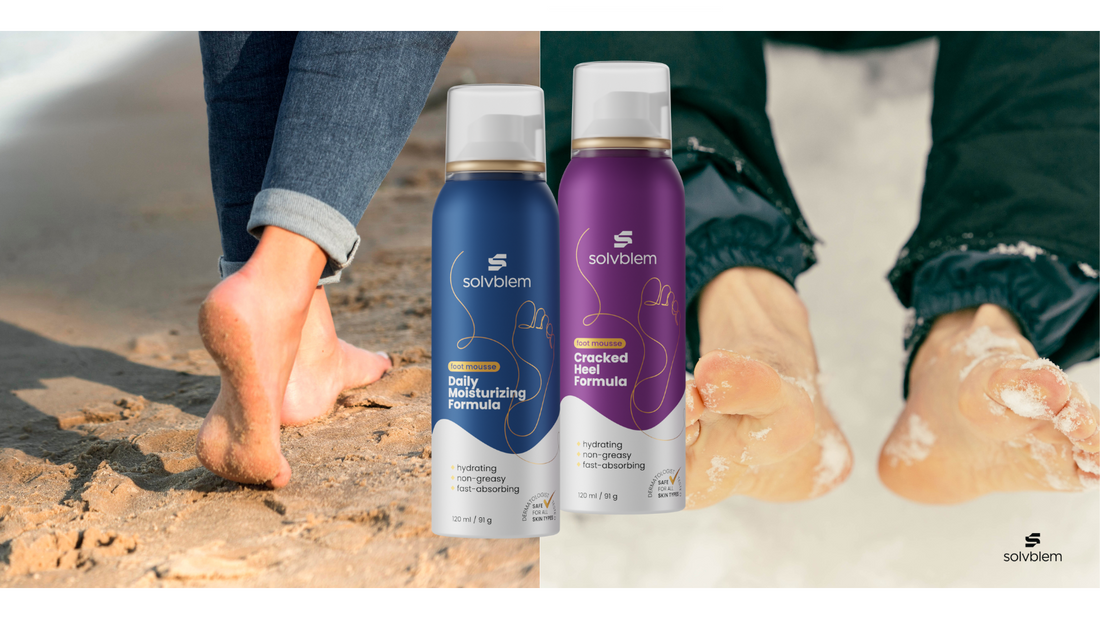 Dry, cracked heels in winter and summer, foot care problem, Solvblem product for heel repair, comparison image